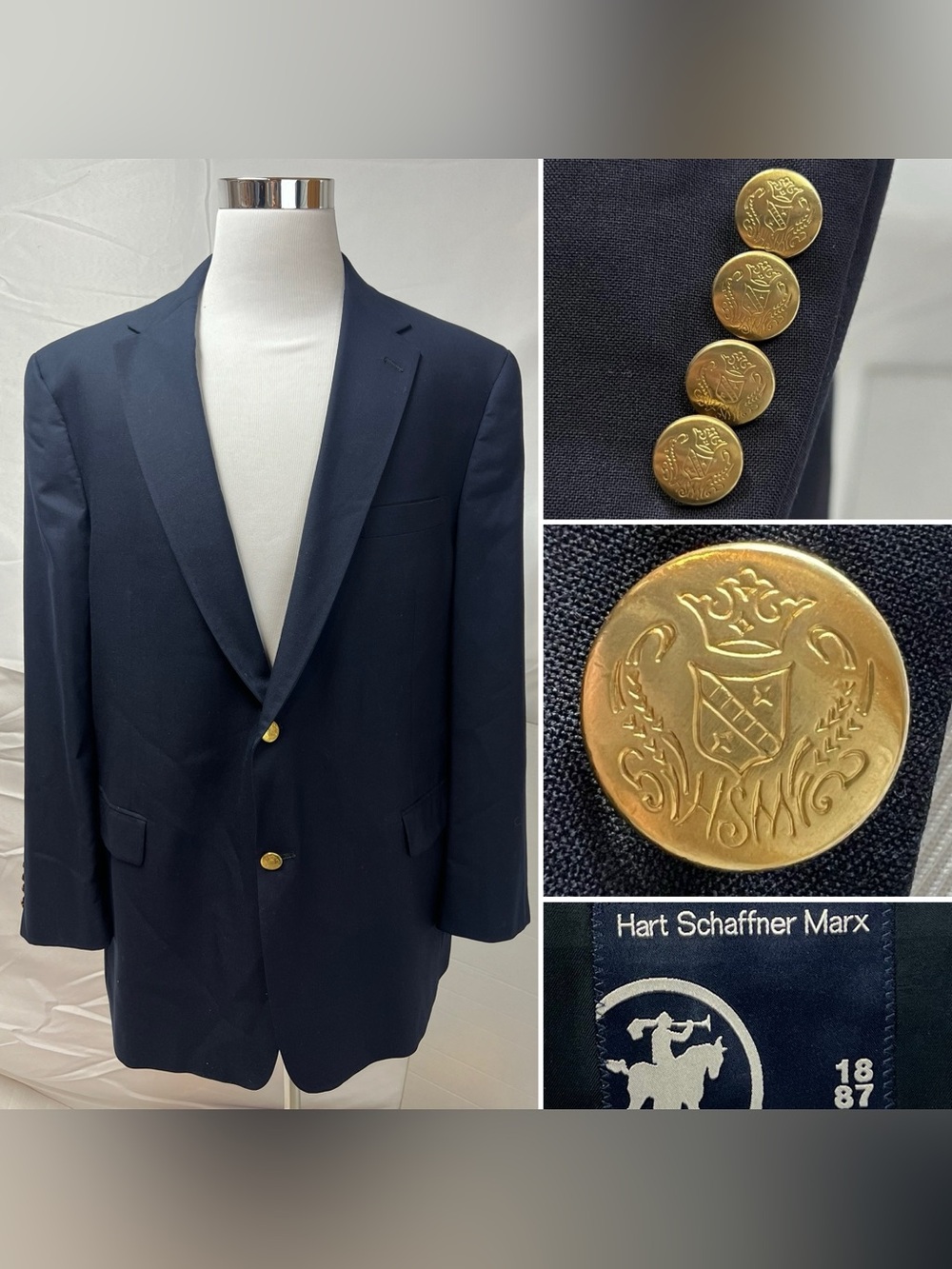Hart Schaffner Marx Men’s 50R Navy Wool Gold Crest Buttons Blazer Jacket Coat